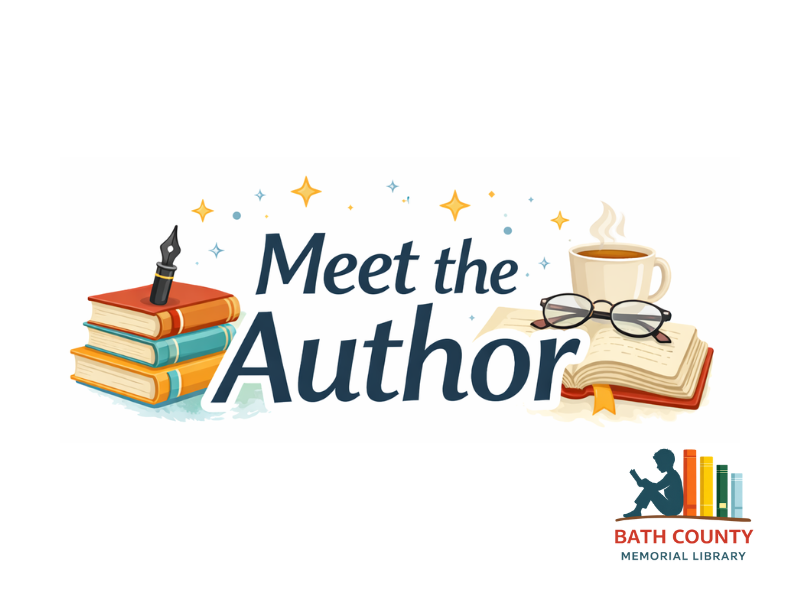 Graphic for 'Meet the Author' at BCML featuring illustrative font centered between stacks of books